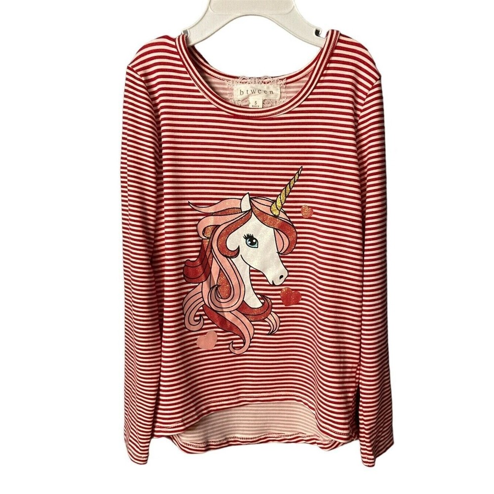 BTWEEN Girls Short Sleeve Red/White Stripe Unicorn Sparkles‎ Shirt Top Size 5